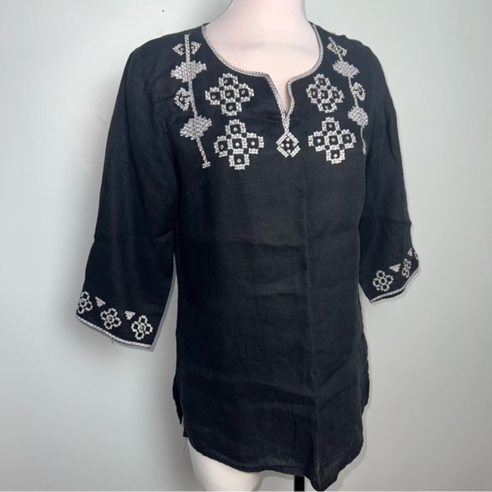 Multiples Black Linen Embroidered Tunic Top Women’s Size Medium
